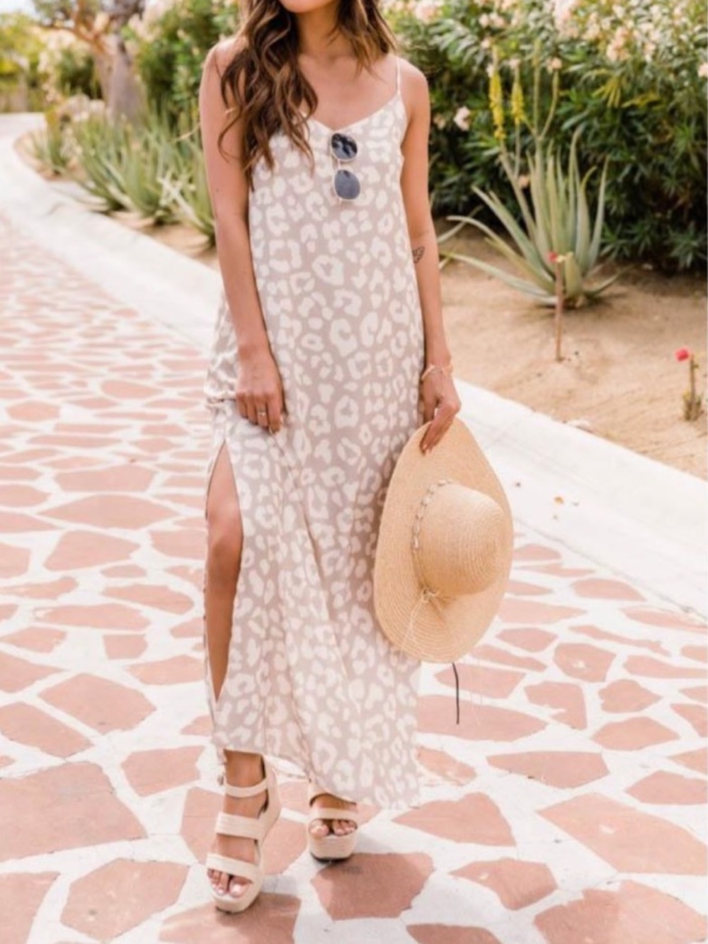 Pink Lily Neutral Leopard-Print Slip Maxi Dress